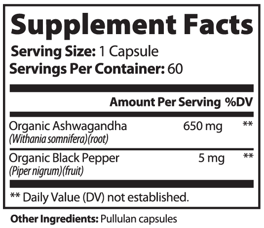Ashwagandha Capsules Supplement Facts label