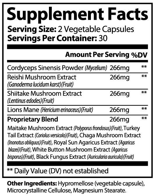 10X Mushroom Complex Capsules Supplement Facts label