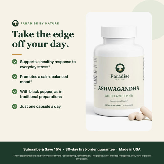 Ashwagandha Capsules benefits: supports a healthy response to everyday stress and a calm, balanced mood