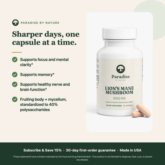 Lion's Mane Mushroom Capsules benefits: supports focus and mental clarity, memory, and healthy nerve and brain function