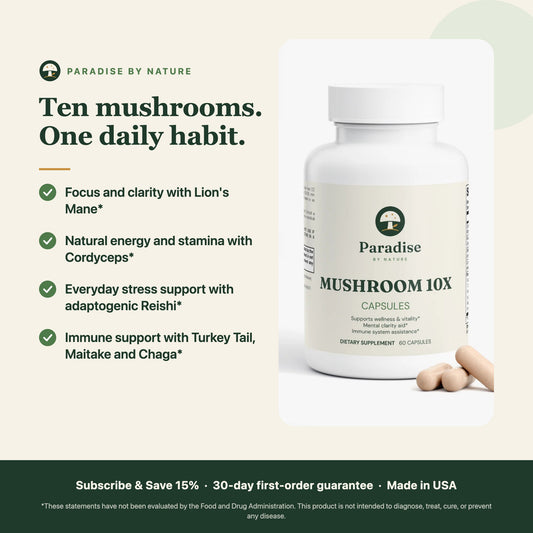 10X Mushroom Complex benefits: Lion's Mane, Cordyceps, Reishi, Turkey Tail, Maitake and Chaga in one capsule