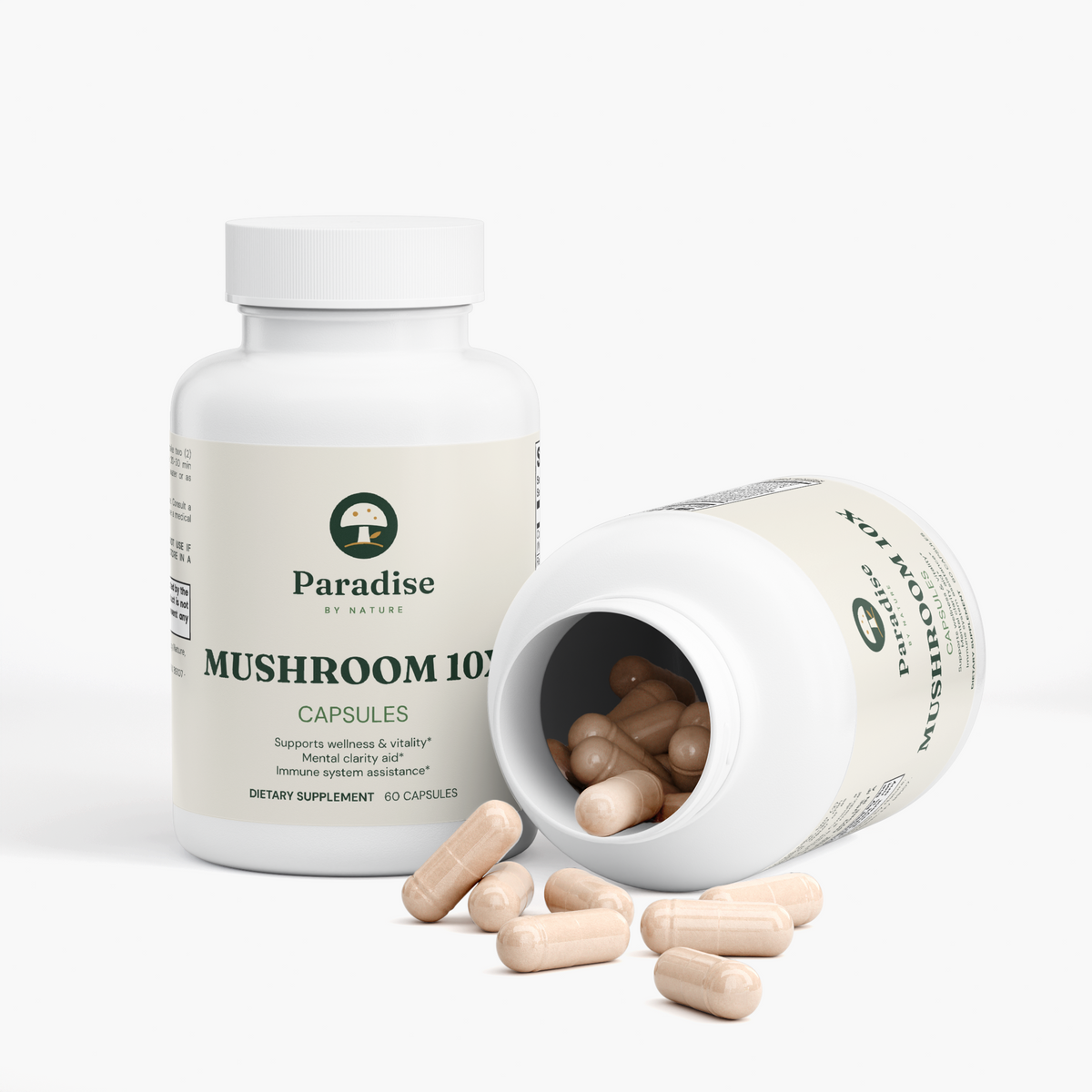 10X Mushroom Complex Capsules bottle with an open bottle and loose capsules