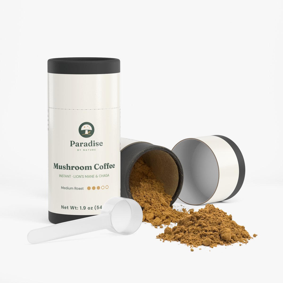 Instant Mushroom Coffee canister with an open canister, scoop and instant coffee