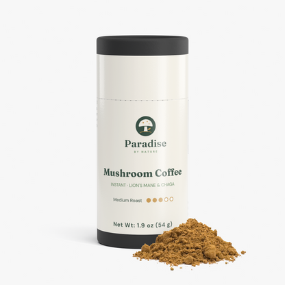 Instant Mushroom Coffee canister with a pile of instant coffee