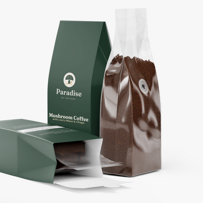 Mushroom Coffee bag with an opened bag of ground coffee