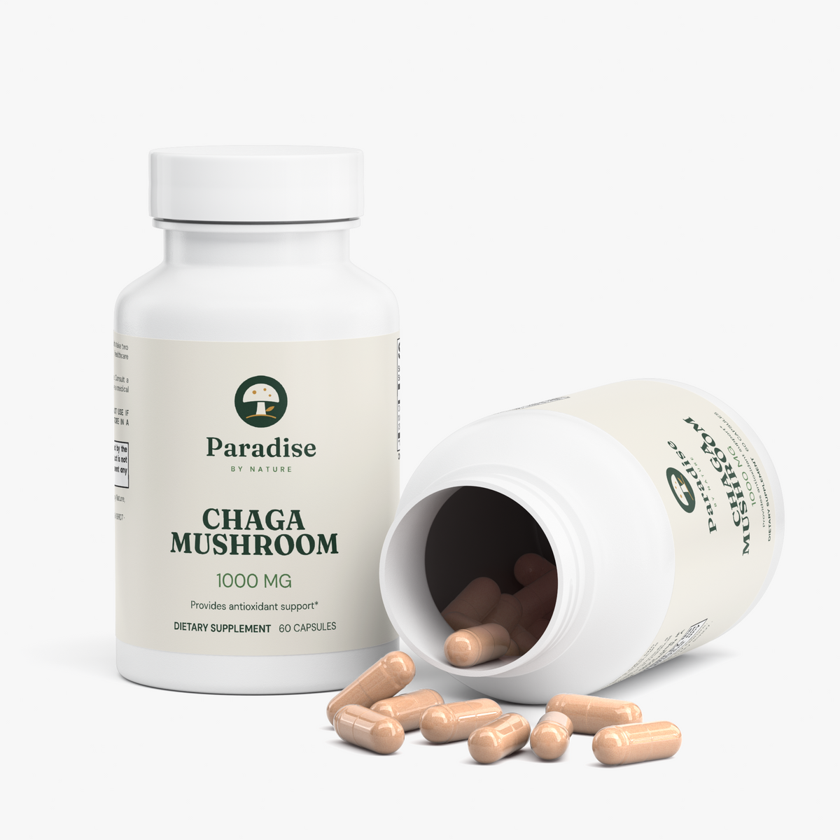 Chaga Mushroom Capsules bottle with an open bottle and loose capsules