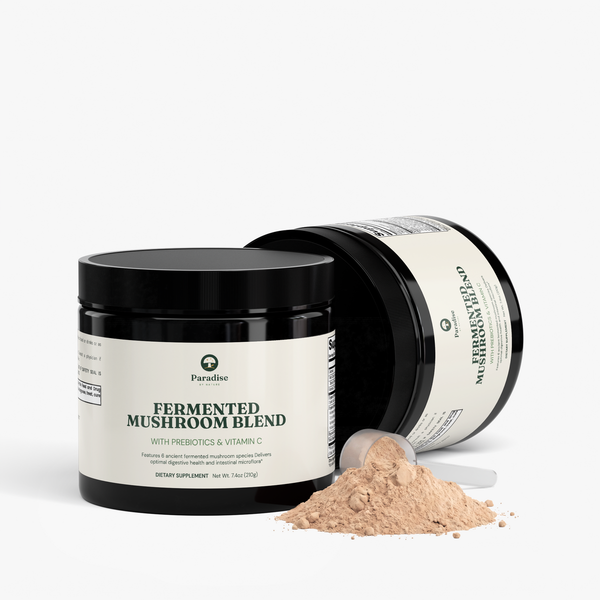 Fermented Mushroom Blend Powder jar with an open jar and powder
