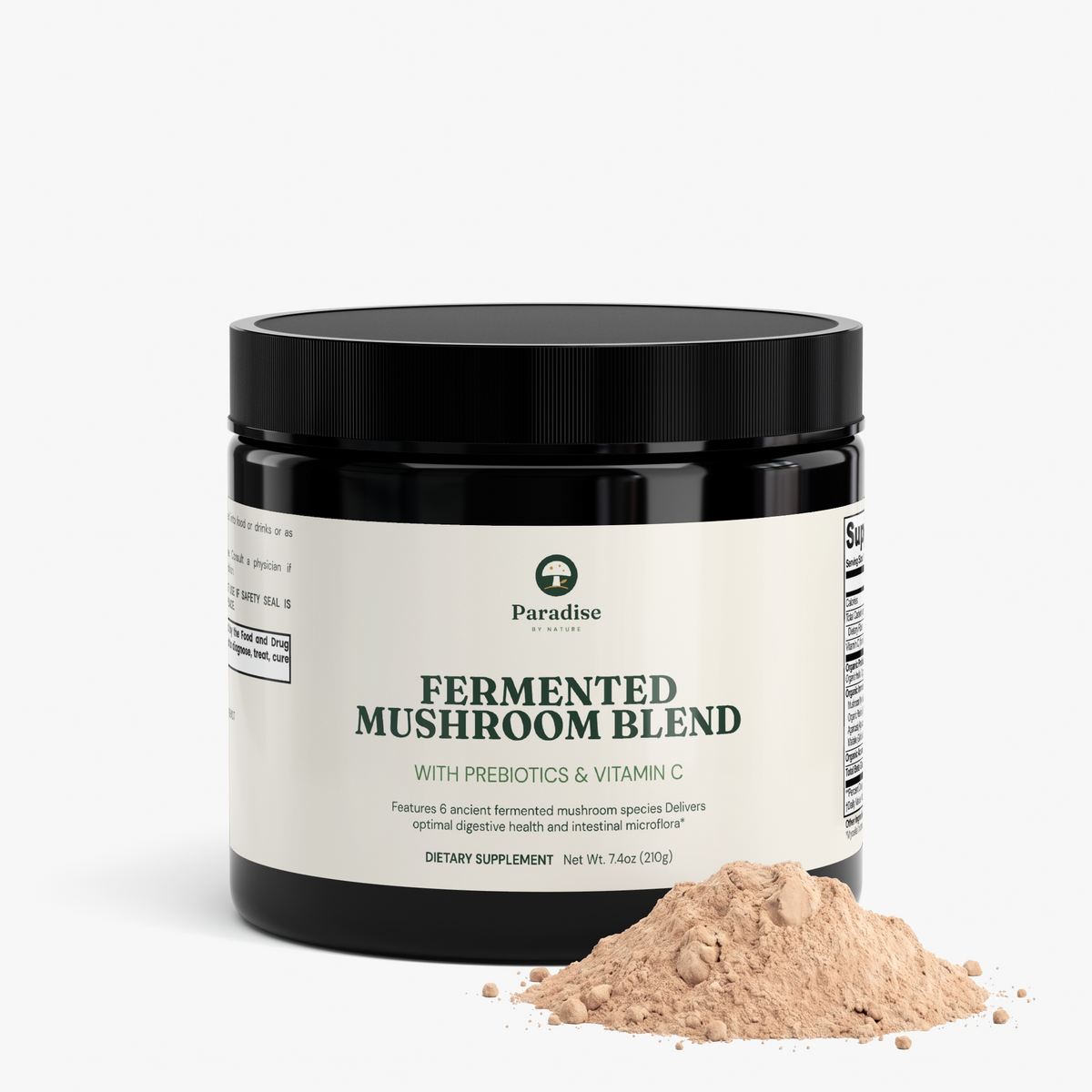 Fermented Mushroom Blend Powder jar with a pile of powder