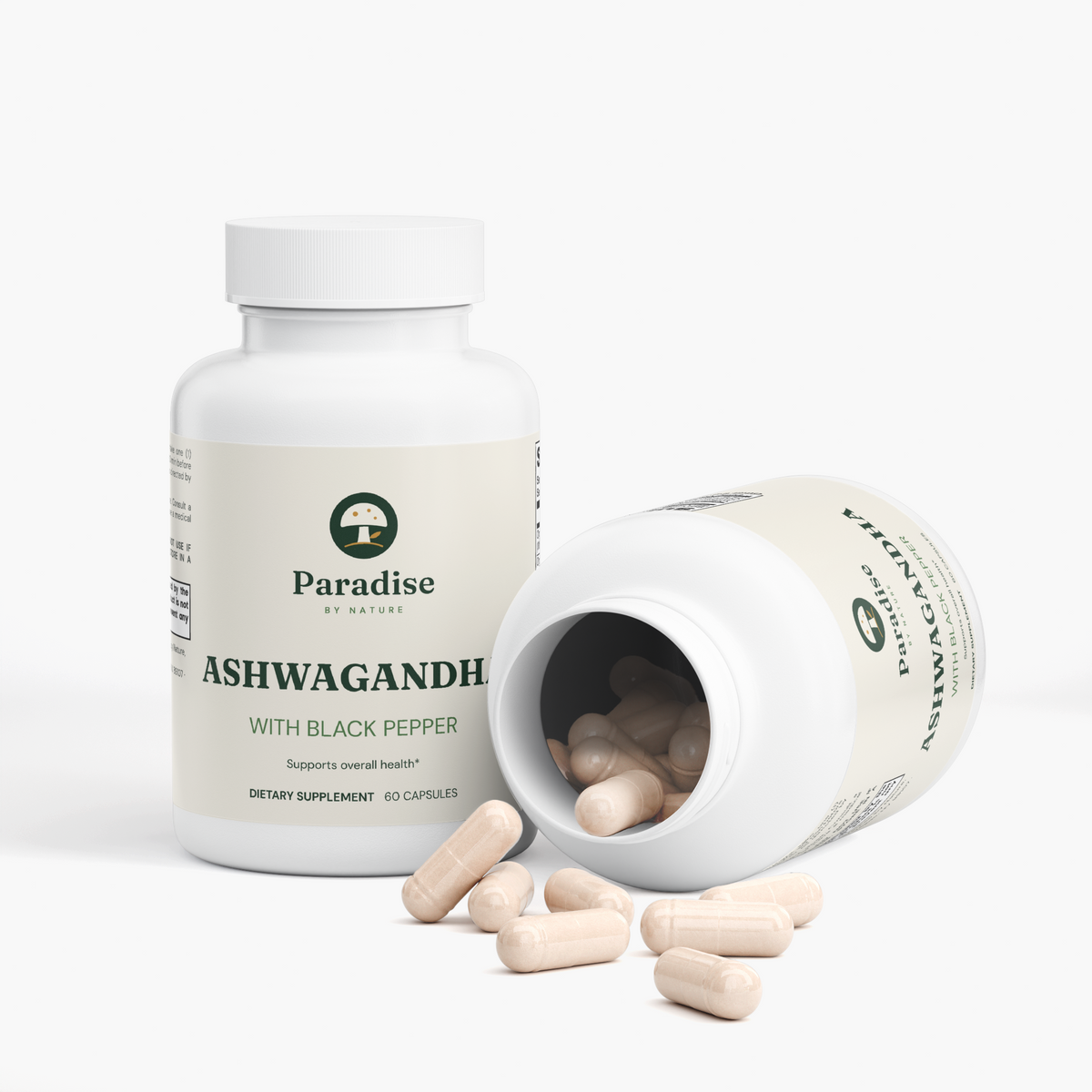 Ashwagandha Capsules bottle with an open bottle and loose capsules