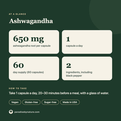 Ashwagandha Capsules at a glance: 650 mg per capsule, 1 capsule a day, 60-day supply