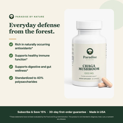 Chaga Mushroom Capsules benefits: rich in antioxidants, supports healthy immune function and digestive wellness