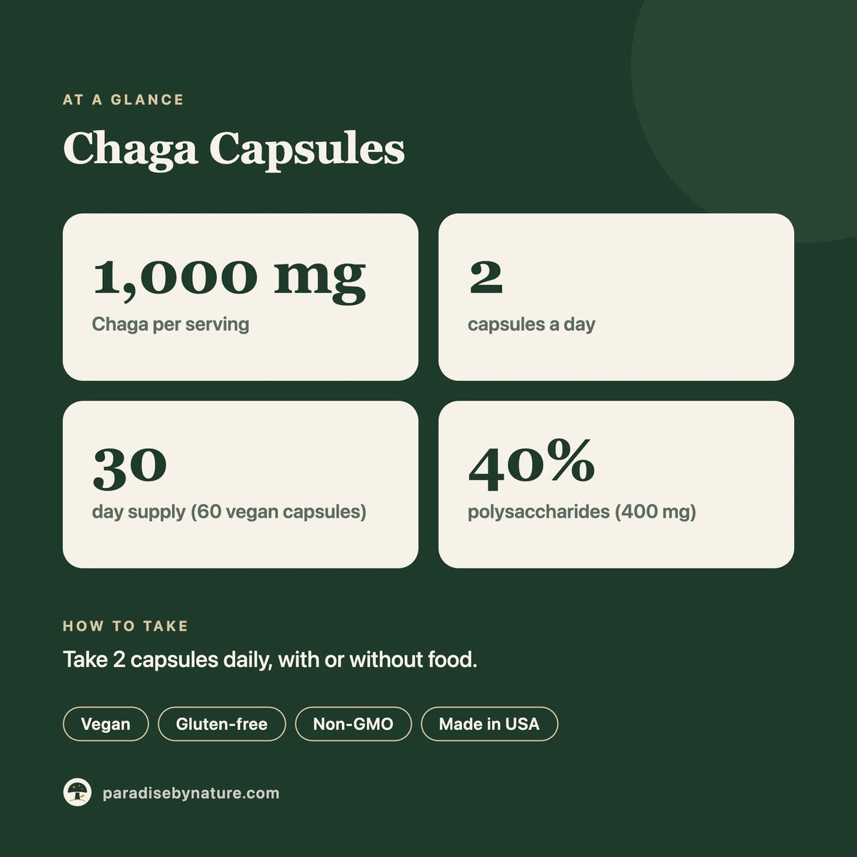 Chaga Mushroom Capsules at a glance: 1,000 mg per serving, 2 capsules a day, 30-day supply, 40% polysaccharides