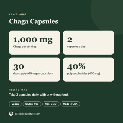 Chaga Mushroom Capsules at a glance: 1,000 mg per serving, 2 capsules a day, 30-day supply, 40% polysaccharides