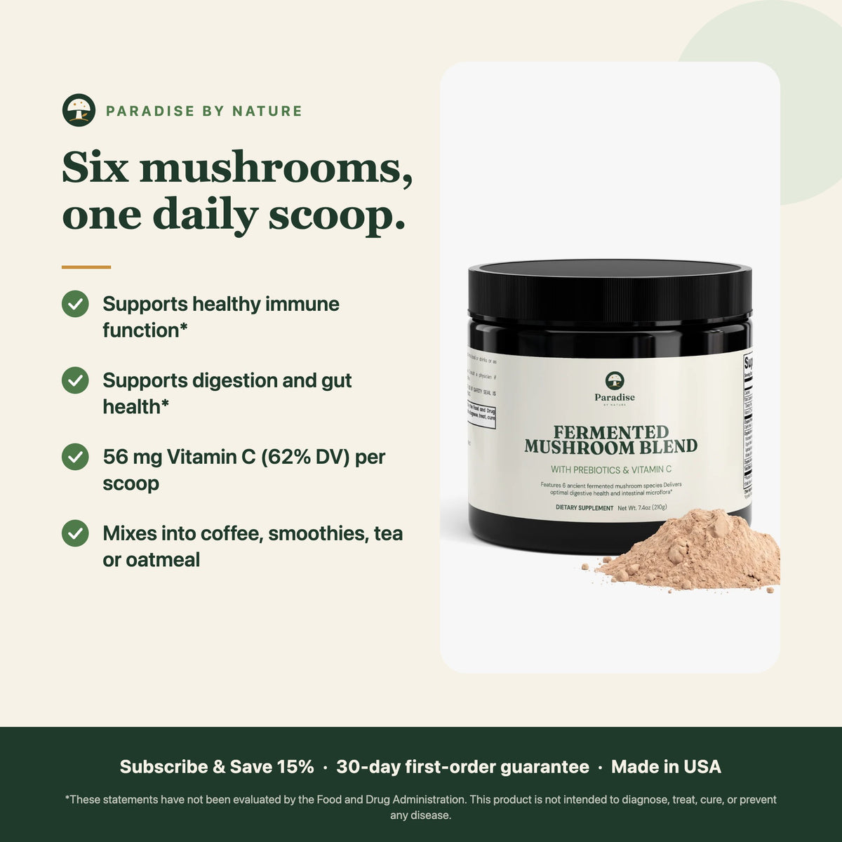 Fermented Mushroom Blend benefits: supports immune function and gut health, 56 mg Vitamin C per scoop