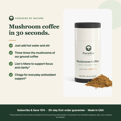 Instant Mushroom Coffee benefits: ready in 30 seconds with Lion's Mane and Chaga