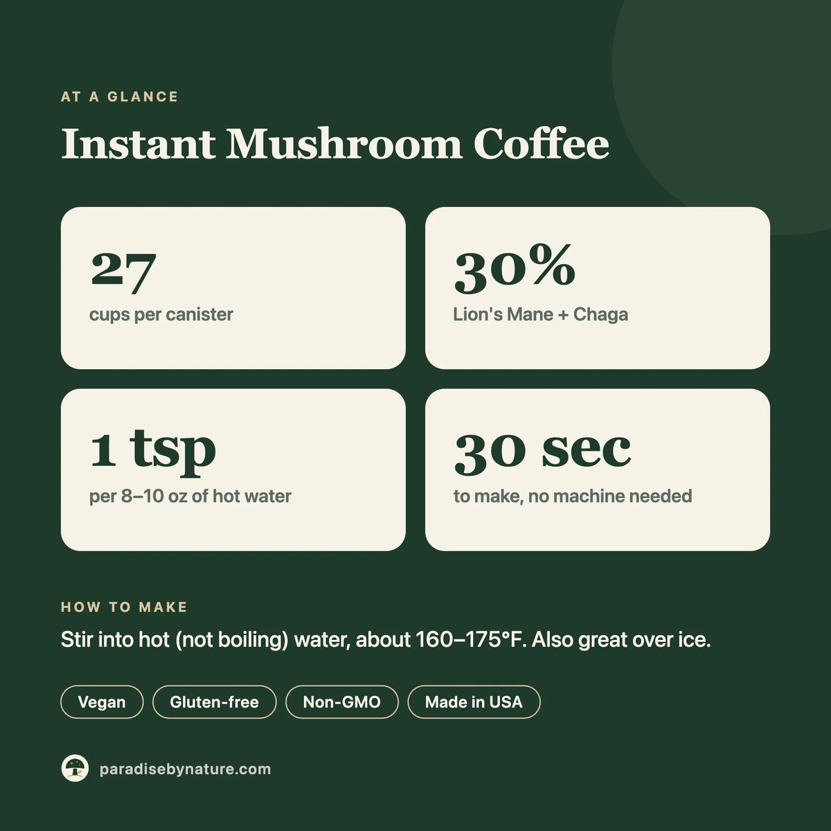 Instant Mushroom Coffee at a glance: about 27 cups, 30% Lion's Mane and Chaga, 1 teaspoon per cup
