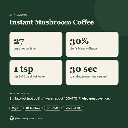 Instant Mushroom Coffee at a glance: about 27 cups, 30% Lion's Mane and Chaga, 1 teaspoon per cup