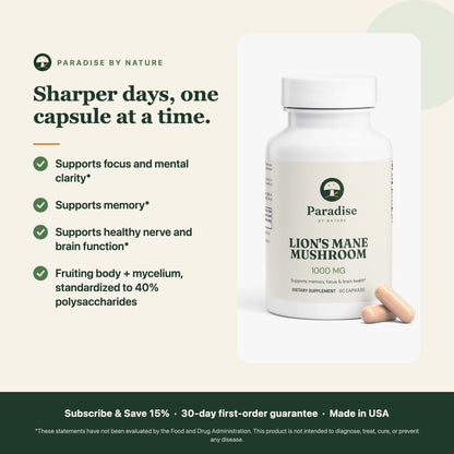 Lion's Mane Mushroom Capsules benefits: supports focus and mental clarity, memory, and healthy nerve and brain function
