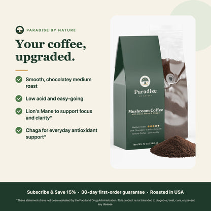 Mushroom Coffee benefits: smooth chocolatey medium roast, low acid, with Lion's Mane and Chaga